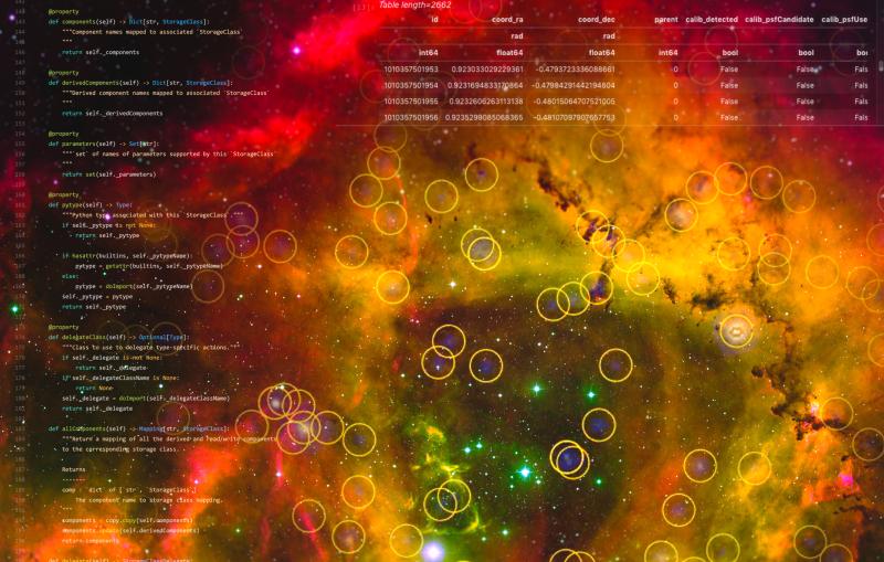 Computer code, circles and data overlaid on an image of a red-orange nebula.