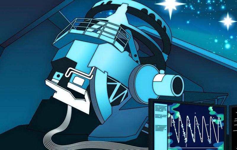 An illustration of computers monitoring the output of a large telescope. 